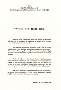 Yatırım Teşvik Belgesi Örneği